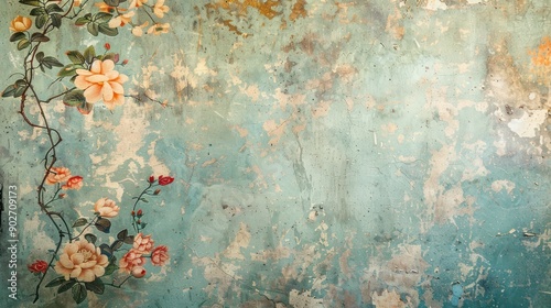 A vintage wallpaper with floral designs and faded colors