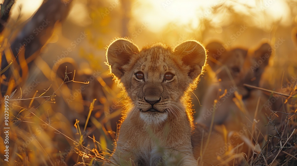 A baby lion cub playing with its siblings, morning sunlight A baby lion cub playing with its siblings, morning sunlight