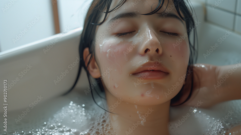 浴槽でリラックスする日本人女性 浴槽でリラックスする日本人女性