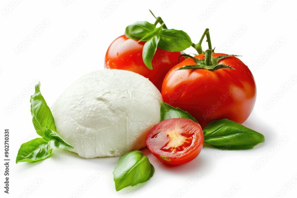 Italian Mozzarella Cheese Slice with Basil and Tomato. Watercolor Illustration of Fresh Dairy Product on White Background Italian Mozzarella Cheese Slice with Basil and Tomato. Watercolor Illustration of Fresh Dairy Product on White Background