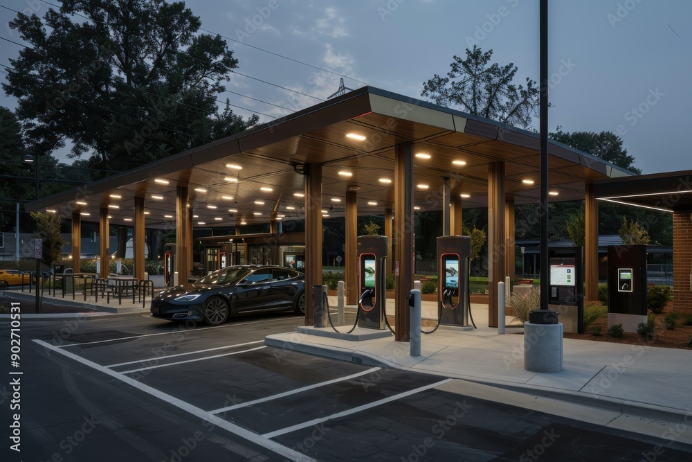 A modern electric vehicle charging hub equipped with the latest technology is captured during twilight, showcasing sleek cars being charged in a contemporary setting. A modern electric vehicle charging hub equipped with the latest technology is captured during twilight, showcasing sleek cars being charged in a contemporary setting.