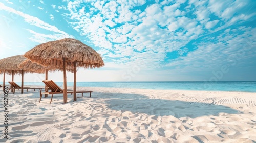 Beach resort cabanas and lounge chairs on the sand