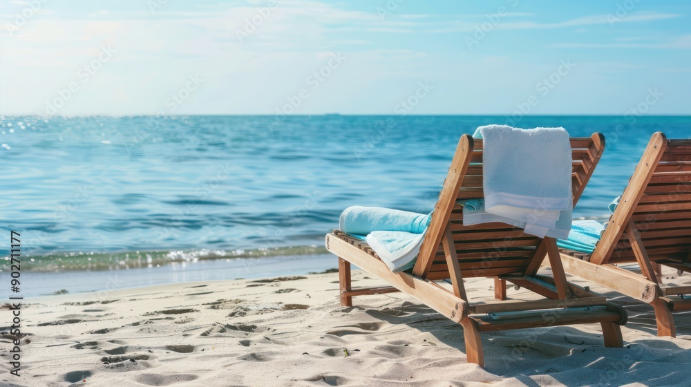 Empty beach chairs with towels draped over them Empty beach chairs with towels draped over them