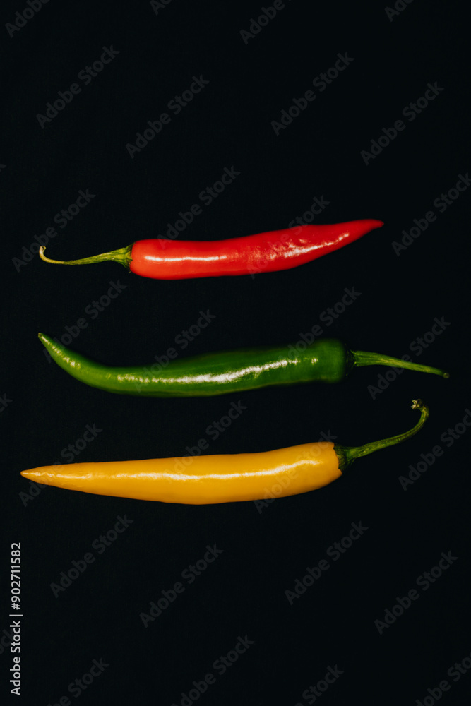 Red, green, yellow peppers against black background Red, green, yellow peppers against black background