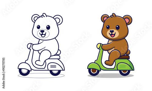 Cute bear rides a motorbike cartoon coloring pages for kids