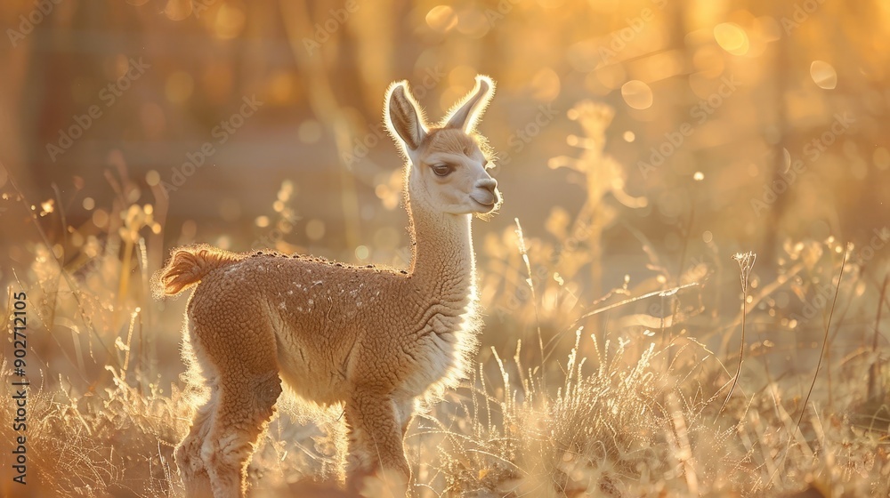 A baby llama standing in a sunlit field, morning light A baby llama standing in a sunlit field, morning light