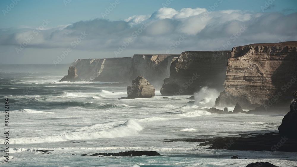 Majestic Coastal Cliffs with Waves Crashing Below Majestic Coastal Cliffs with Waves Crashing Below