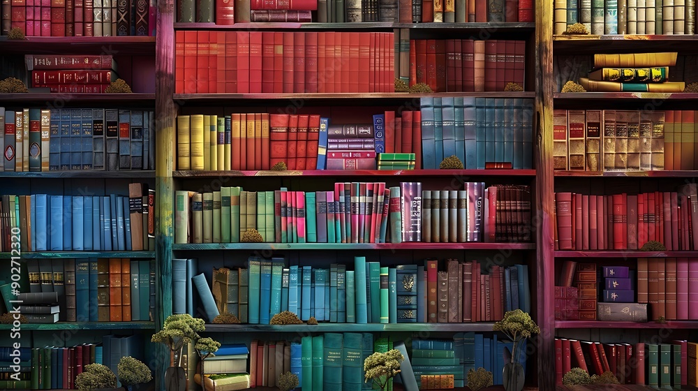 Colorful book shelves packed with books Colorful book shelves packed with books