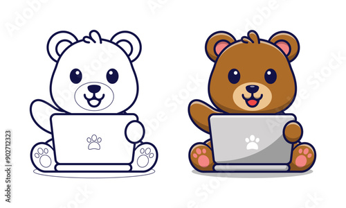 Cute bear playing laptop cartoon coloring pages for kids