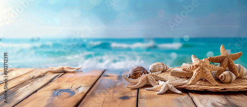 Summer background with beach accessories on a wooden table and a blue sea landscape, copy space for text, Vibrant colors, studio lighting, in the style of studio lighting.