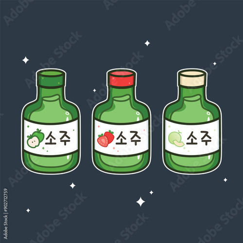 Cute illustration of traditional Korean alcohol, soju with various flavors