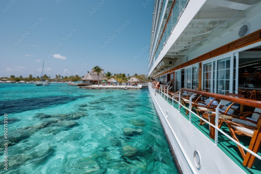 A side perspective of a luxurious cruise ship sailing through a crystal-clear tropical sea with vibrant blue hues and an island with thatched huts in the background. A side perspective of a luxurious cruise ship sailing through a crystal-clear tropical sea with vibrant blue hues and an island with thatched huts in the background.