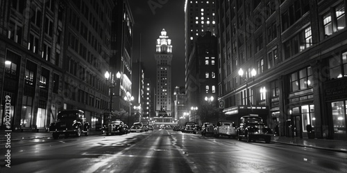Fototapeta Naklejka Na Ścianę i Meble -  Black and white image of a city street at night, capturing the urban atmosphere