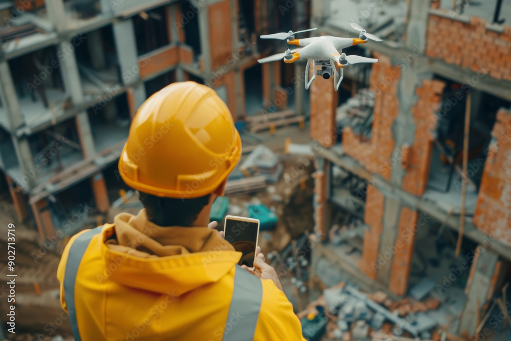 Drone deployed at construction site for inspection purposes. A worker controls a drone for inspection. Drone deployed at construction site for inspection purposes. A worker controls a drone for inspection.