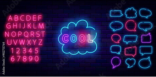 ПеCool neon banner. Colorful handwritten text. Happy vibes. Speech bubbles frames set. Shiny pink alphabet. Winning and wow concept. Congrats design. Vector stock illustrationчать
