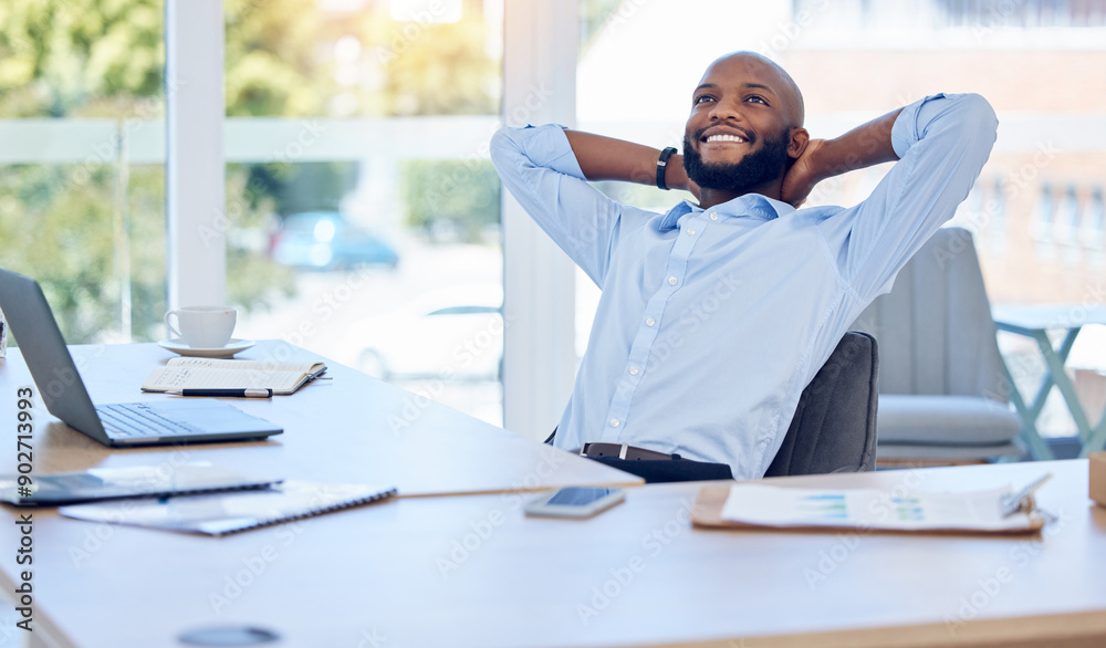 © peopleimages.com - Stretching, relax and happy black man in office after finishing work project, planning or complete job in business. Peace of mind, calm and employee resting for freedom, dream and thinking of future © peopleimages.com - Stretching, relax and happy black man in office after finishing work project, planning or complete job in business. Peace of mind, calm and employee resting for freedom, dream and thinking of future