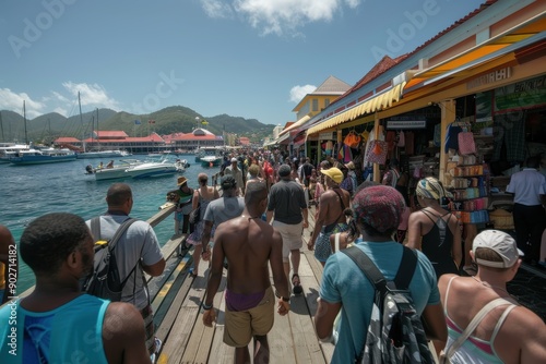 A busy boardwalk with a crowd of people walking near boats and colorful market stalls under a clear blue sky, with buildings and mountains in the background. photo