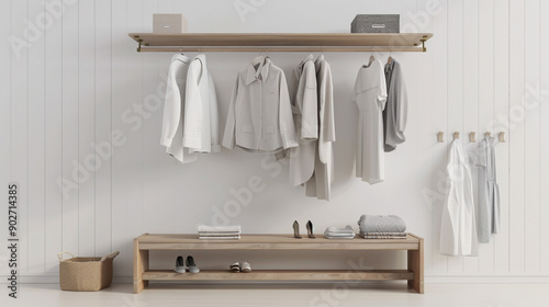Modern wardrobe setup featuring neatly arranged clothing and accessories, showcasing a minimalistic and organized approach to wardrobe design with stylish storage solutions