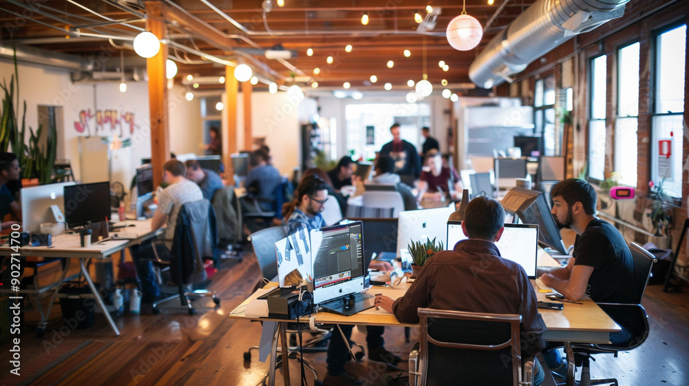a bustling startup office with teams collaborating on projects a bustling startup office with teams collaborating on projects