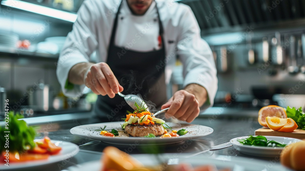 a chef preparing a gourmet dish in a restaurant kitchen a chef preparing a gourmet dish in a restaurant kitchen