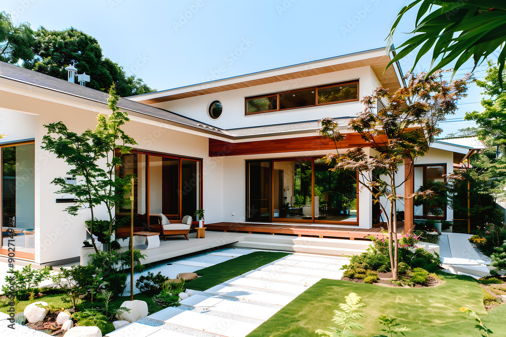 Fototapeta premium Maison individuelle moderne avec jardin