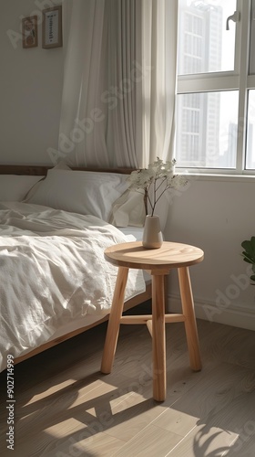 Minimalist Bedroom Interior Design with Wooden Stool and White Curtains