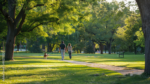 a couple walking their dog in a park