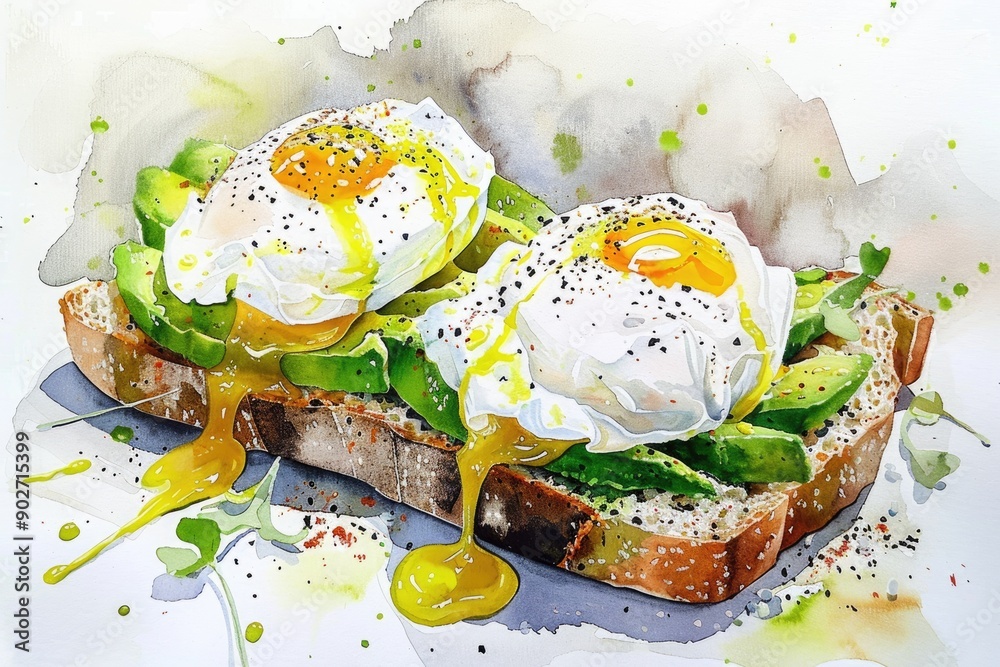 Rustic Breakfast Delight: Poached Egg and Avocado on Toast. Watercolor Illustration Rustic Breakfast Delight: Poached Egg and Avocado on Toast. Watercolor Illustration
