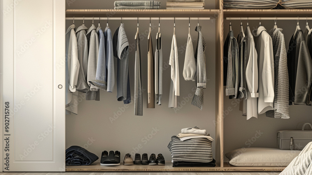 Modern wardrobe setup featuring neatly arranged clothing and accessories, showcasing a minimalistic and organized approach to wardrobe design with stylish storage solutions Modern wardrobe setup featuring neatly arranged clothing and accessories, showcasing a minimalistic and organized approach to wardrobe design with stylish storage solutions