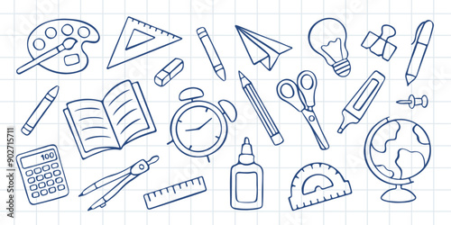 Hand-drawn set of school supplies. Doodle vector illustration