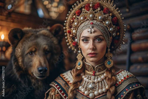 A beautiful girl in a traditional Russian national costume. Against the background of a live bear. The portrait symbolizes the traditions and beauty of the Russian people. photo