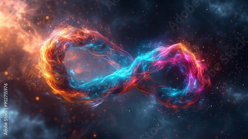 Cosmic themed infinity symbol with swirling colors of blue and orange against starry backdrop