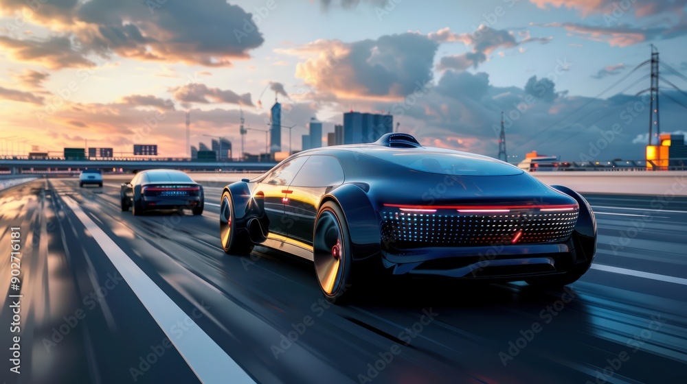 Naklejka premium Self-driving AI car on a highway with other autonomous vehicles