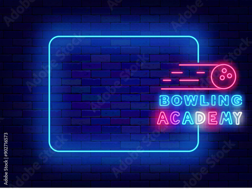 Bowling academy neon banner. Empty blue frame and strike ball symbol. Funny sport competition. Light greeting card. Copy space. Editable stroke. Vector stock illustration