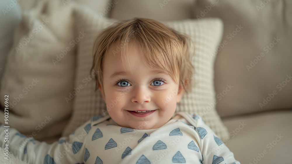 Adorable Toddler Boy with Blue Eyes Smiling on a Couch Adorable Toddler Boy with Blue Eyes Smiling on a Couch