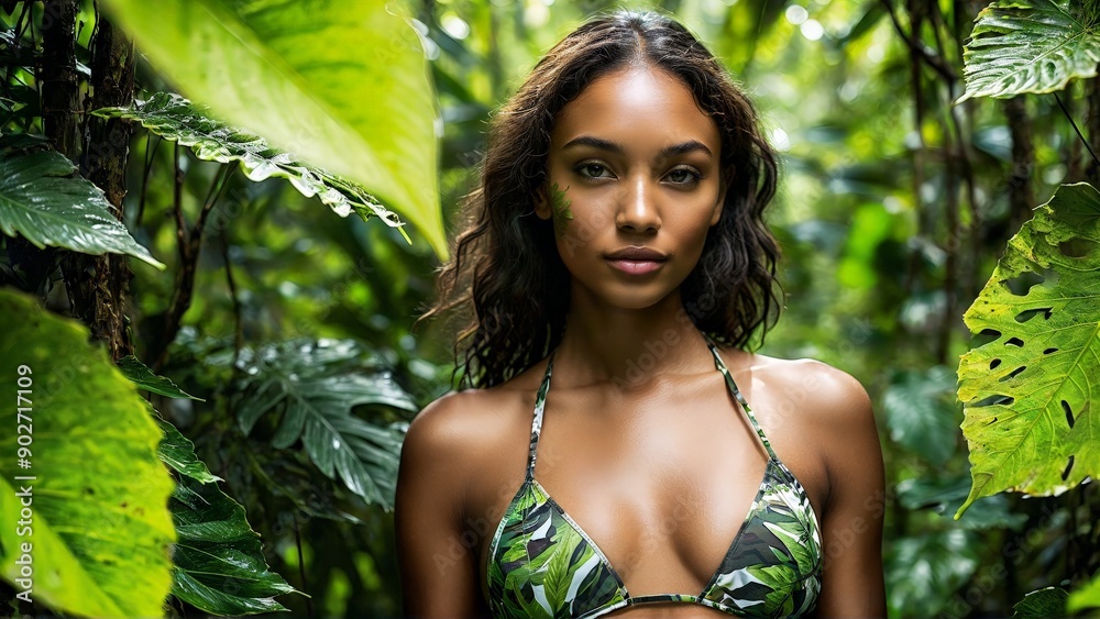 Jungle Warrior Mixed Race Woman in Camouflage Bikini with Leaf Patterns A jungle odyssey featuring Jungle Warrior Mixed Race Woman in Camouflage Bikini with Leaf Patterns A jungle odyssey featuring