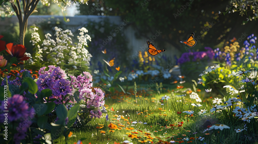 Obraz premium a springtime garden with blooming flowers and butterflies