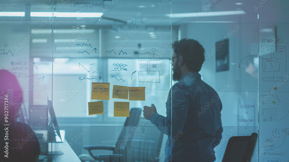 a team brainstorming session with sticky notes and diagrams on a whiteboard a team brainstorming session with sticky notes and diagrams on a whiteboard