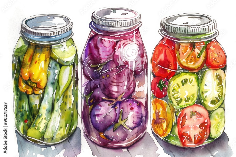 Rustic Canned Vegetables. Watercolor Illustration of Homemade Pickled Vegetables in Jars Rustic Canned Vegetables. Watercolor Illustration of Homemade Pickled Vegetables in Jars