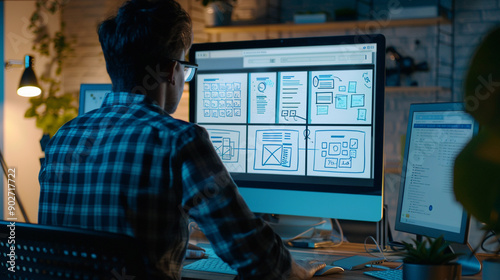 UX designer working on a wireframe on a large monitor