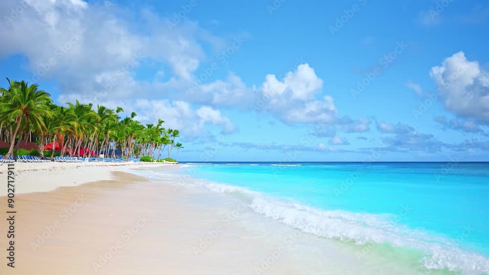 Luxury resort beach with palm trees on a tropical island on a sunny day with blue sky. Summer tropical paradise landscape. Blue transparent waves on white sand. Travel vacation. Luxury resort beach with palm trees on a tropical island on a sunny day with blue sky. Summer tropical paradise landscape. Blue transparent waves on white sand. Travel vacation.