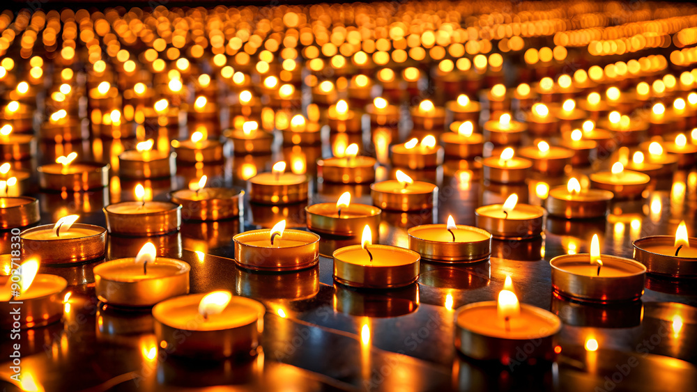 Golden candles flicker with life, casting a gentle glow of serenity.Countless burning candles create a mesmerizing tapestry of light and warmth. Golden candles flicker with life, casting a gentle glow of serenity.Countless burning candles create a mesmerizing tapestry of light and warmth.