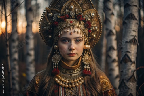 A beautiful girl in a traditional Russian national costume. Against the background of a birch grove. The portrait symbolizes the traditions and beauty of the Russian people. photo