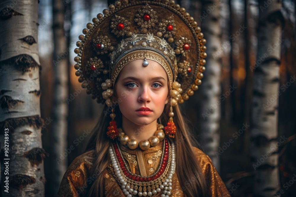 A beautiful girl in a traditional Russian national costume. Against the background of a birch grove. The portrait symbolizes the traditions and beauty of the Russian people. A beautiful girl in a traditional Russian national costume. Against the background of a birch grove. The portrait symbolizes the traditions and beauty of the Russian people.