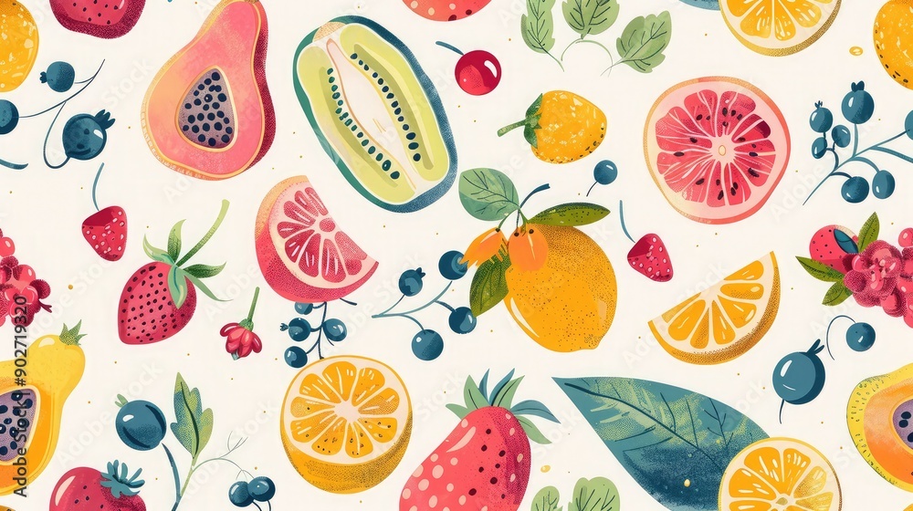Cheerful seamless pattern featuring colorful fruits and berries. Cheerful seamless pattern featuring colorful fruits and berries.