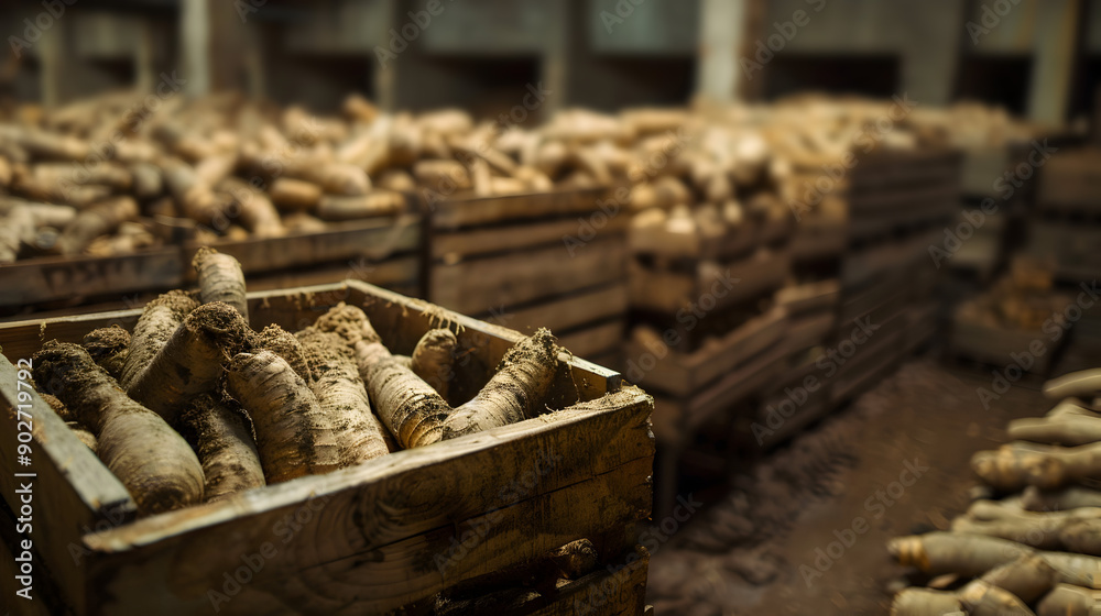 Horseradish root harvested in wooden boxes in a warehouse. Natural organic fruit abundance. Healthy and natural food storing and shipping concept. Horseradish root harvested in wooden boxes in a warehouse. Natural organic fruit abundance. Healthy and natural food storing and shipping concept.