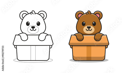 Cute bear in box cartoon coloring pages for kids