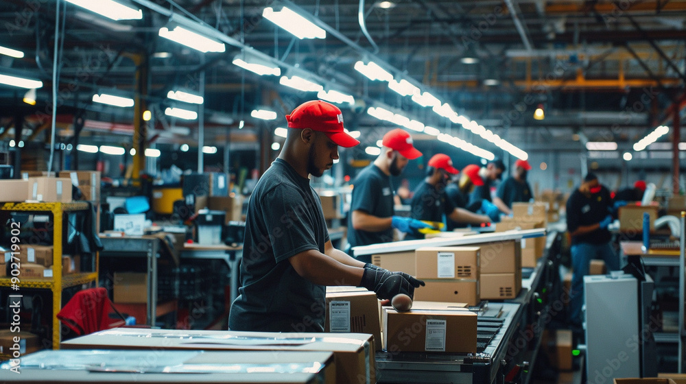 Fototapeta premium industrial workers assembling products on a factory line