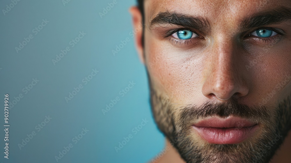 Fototapeta premium Close-up of a handsome man's face, highlighting his well-defined features. Ample copy space on the left side.