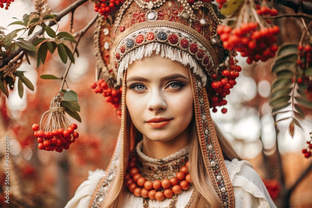 A beautiful girl in a traditional Russian national costume. Against the background of rowan trees. The portrait symbolizes the traditions and beauty of the Russian people. A beautiful girl in a traditional Russian national costume. Against the background of rowan trees. The portrait symbolizes the traditions and beauty of the Russian people.